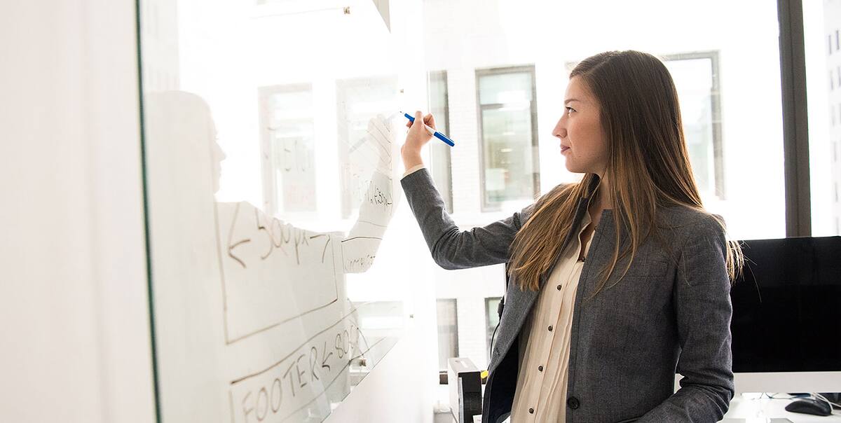 Adviser mapping out a plan on an office whiteboard
